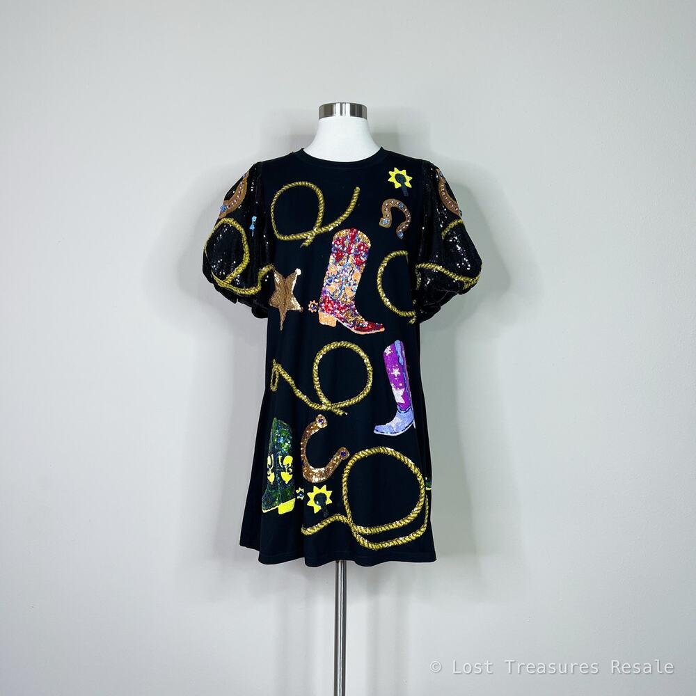 Queen of Sparkles | Cowgirl Western Rodeo Black Sequin Puff Sleeve Mini Dress L - Picture 2 of 12